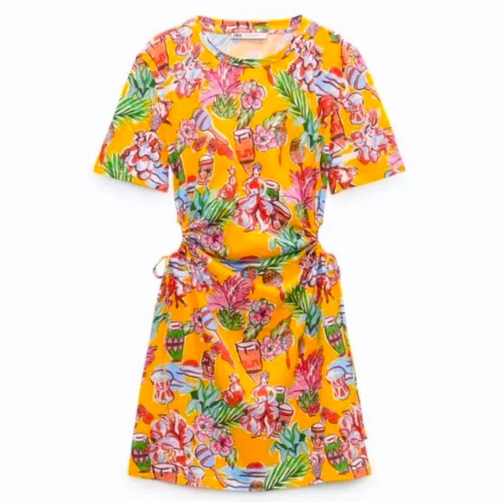 ZARA NEW TROPICAL MONKEY RUCHED CUT OUT DRESS Size Small NWT